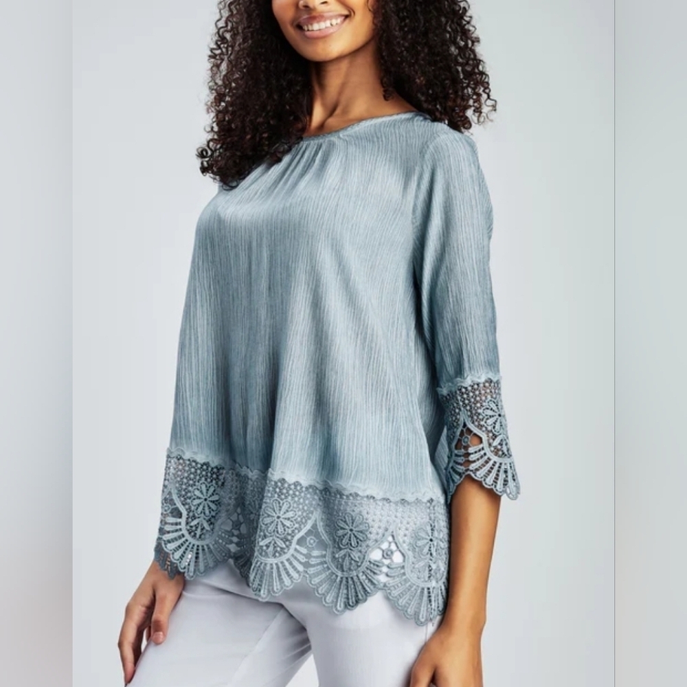 Marie Claire Blue Lace Trim Cropped Sleeve Top Size S